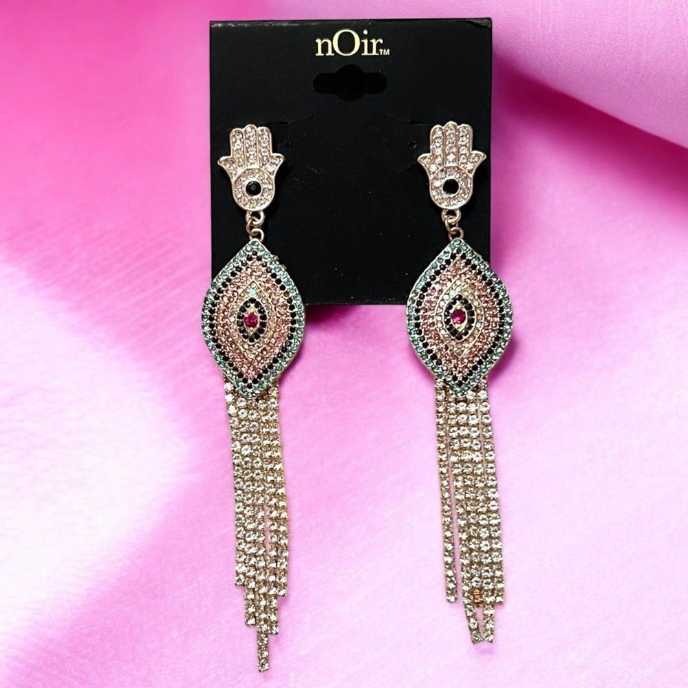 nOir Jewelry Multicolor Crystal Hamsa Evil Eyes Fringe Earrings